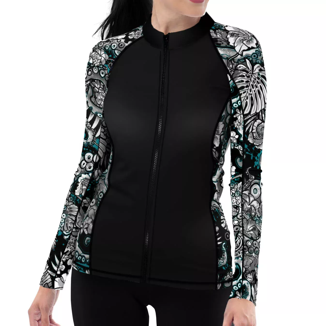 ECO-FRIENDLY FULL ZIP UP ELECTRIC BLUE OCTOFLORAL RASH GUARD