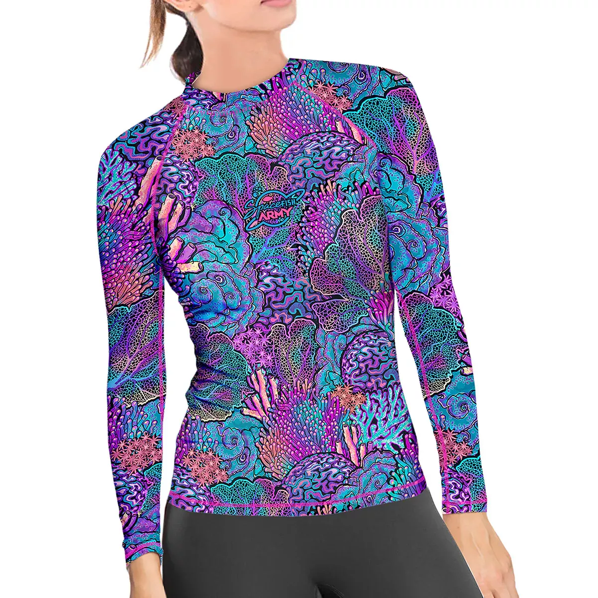 ECO-FRIENDLY CORAL KALEIDOSCOPE CONTOUR RASH GUARD