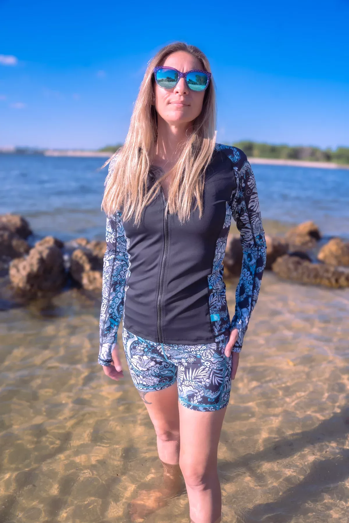 ECO-FRIENDLY FULL ZIP UP ELECTRIC BLUE OCTOFLORAL RASH GUARD