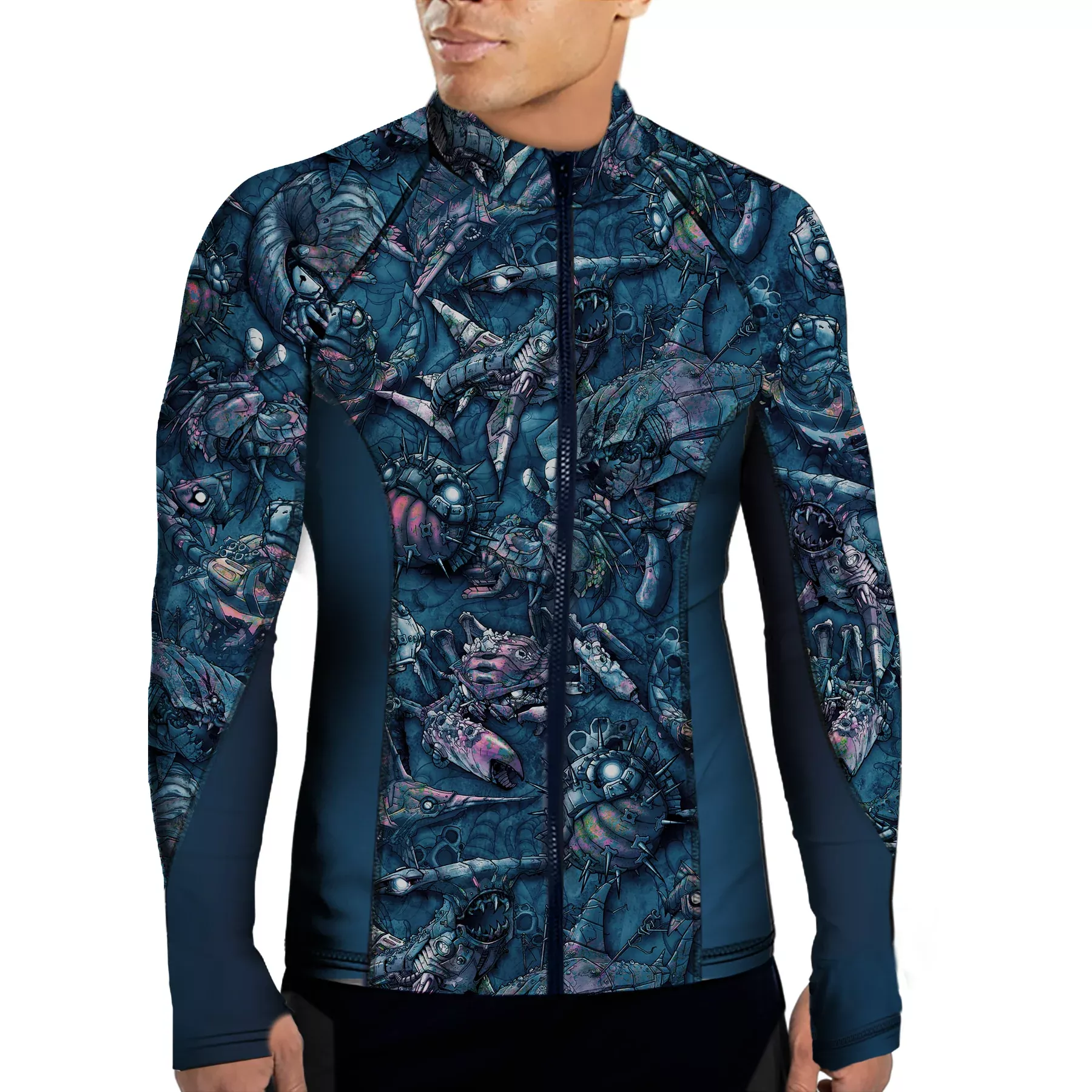 MENS ECO-FRIENDLY FULL ZIP CLOCKWORK OCEAN RASH GUARD
