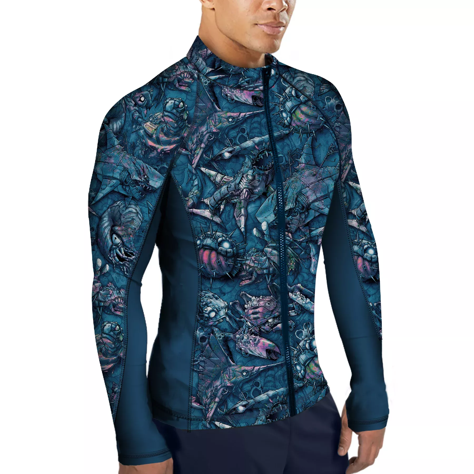 MENS ECO-FRIENDLY FULL ZIP CLOCKWORK OCEAN RASH GUARD